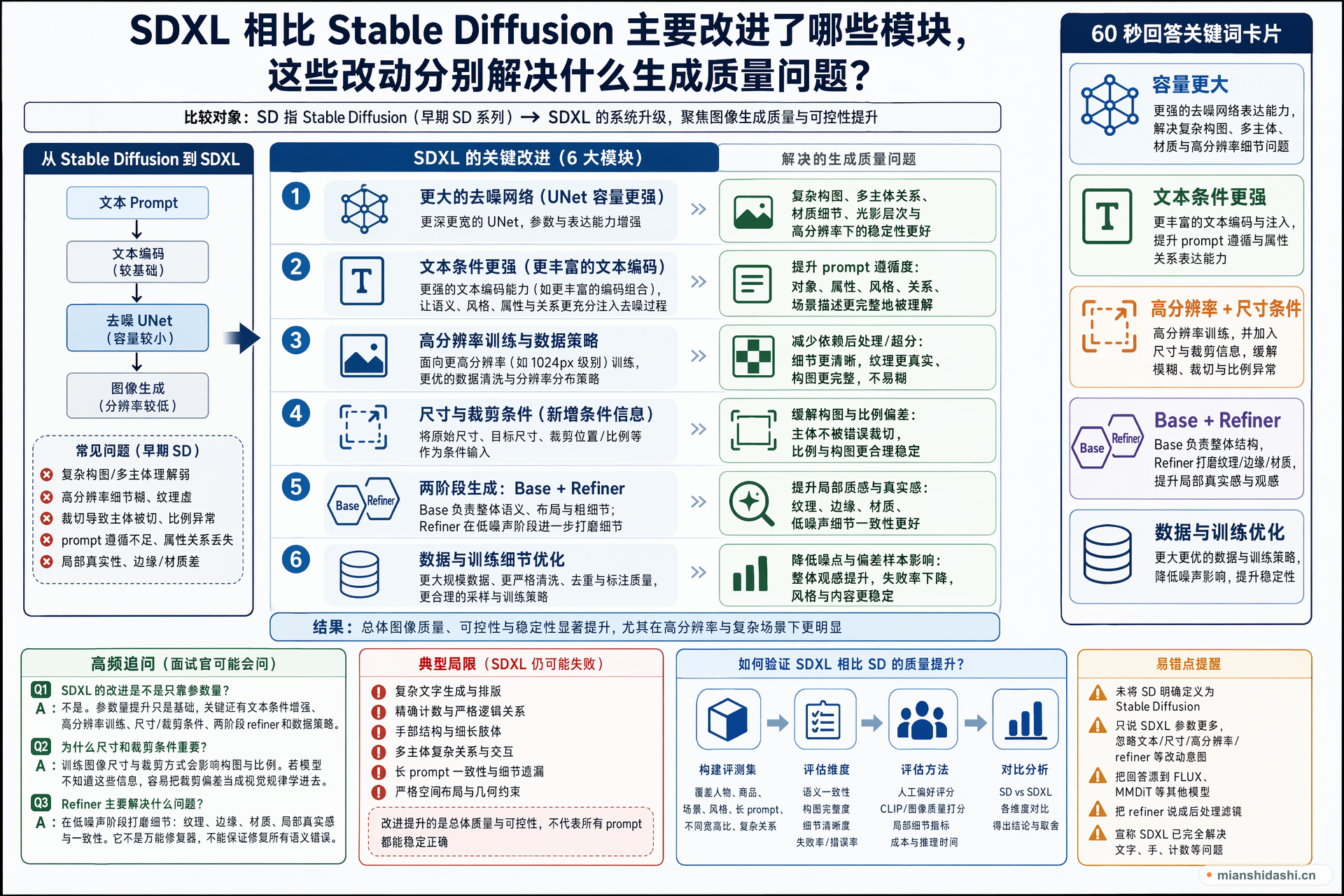 SDXL 相比 Stable Diffusion 主要改进了哪些模块，这些改动分别解决什么生成质量问题？的结构化图解