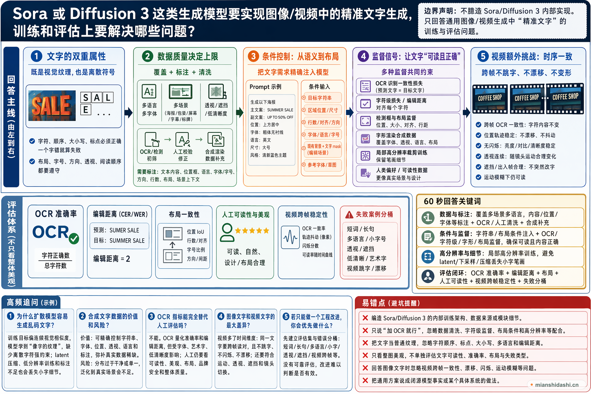 Sora 或 Diffusion 3 这类生成模型要实现图像/视频中的精准文字生成，训练和评估上要解决哪些问题？的结构化图解