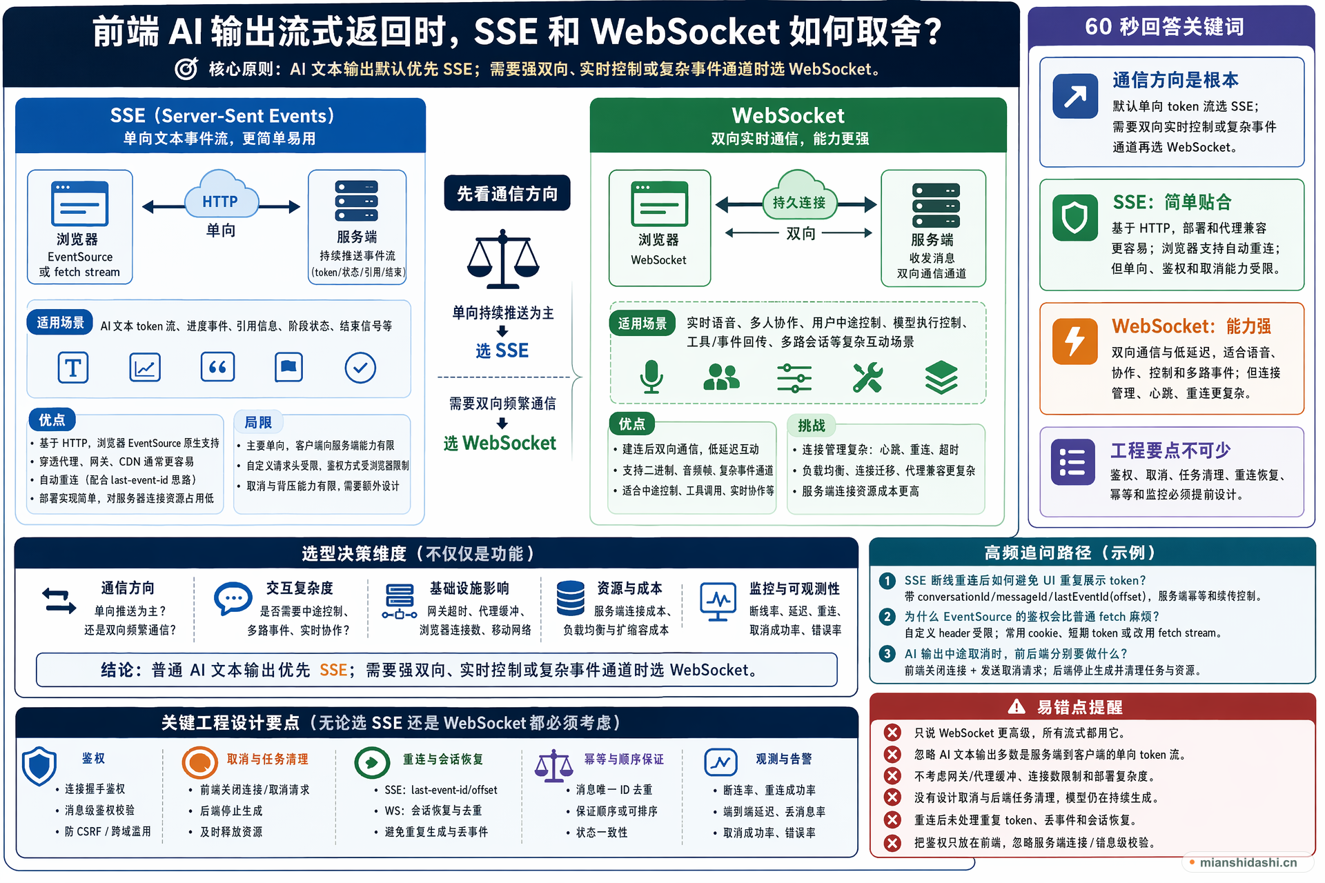 前端 AI 输出流式返回时，SSE 和 WebSocket 如何取舍？的结构化图解