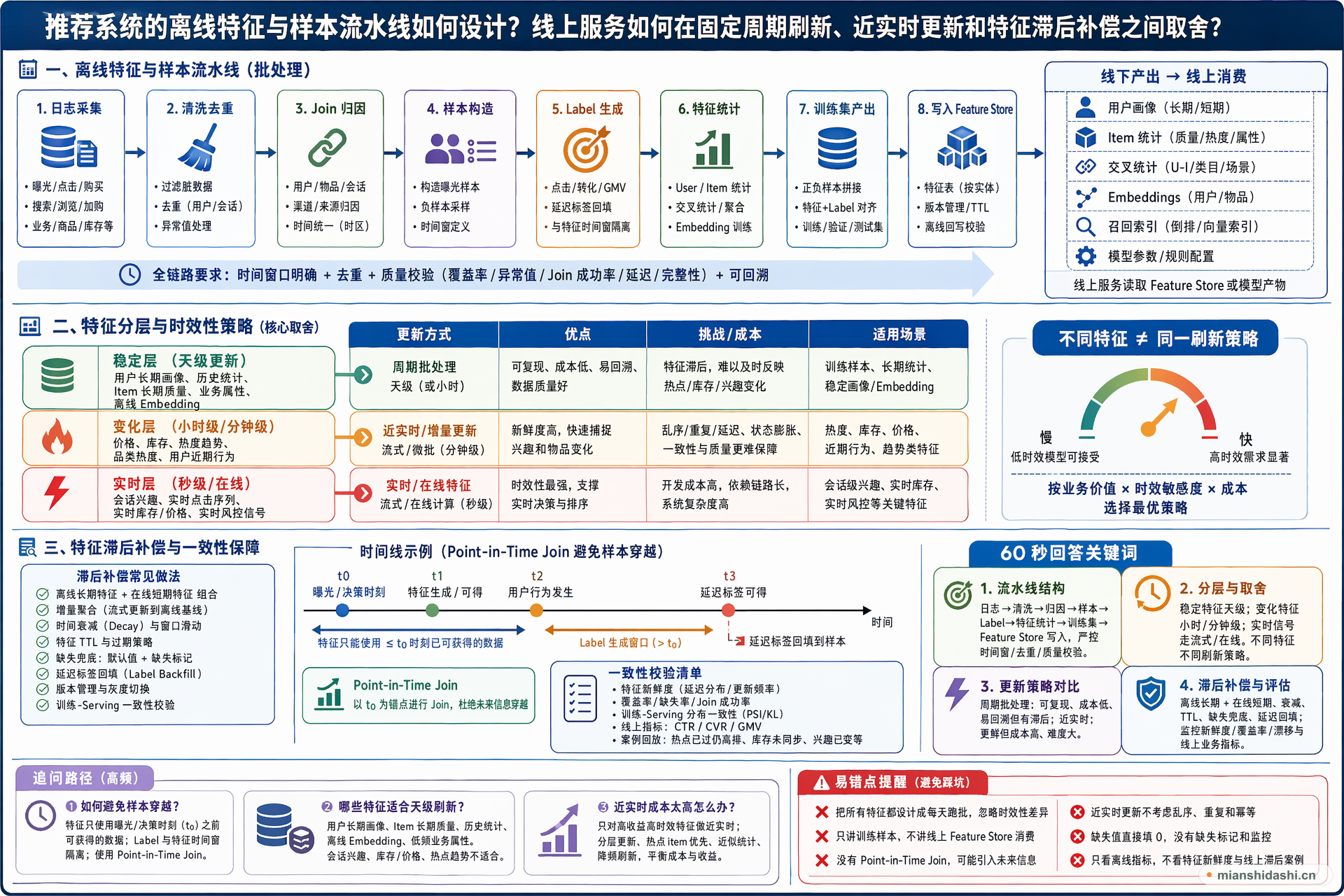 推荐系统的离线特征与样本流水线如何设计？线上服务消费离线结果时，如何在固定周期刷新、近实时更新和特征滞后补偿之间取舍？的结构化图解