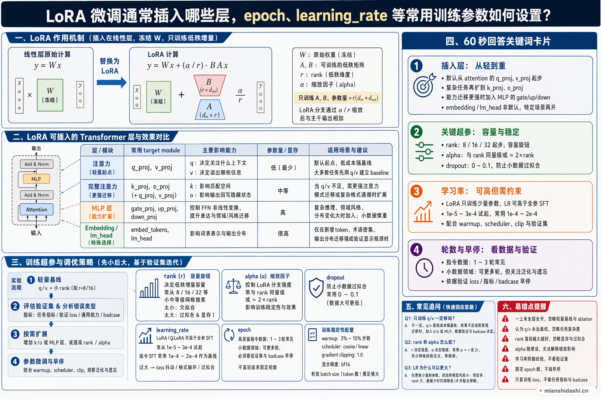LoRA 微调通常插入哪些层，epoch、learning_rate 等常用训练参数如何设置？的结构化图解
