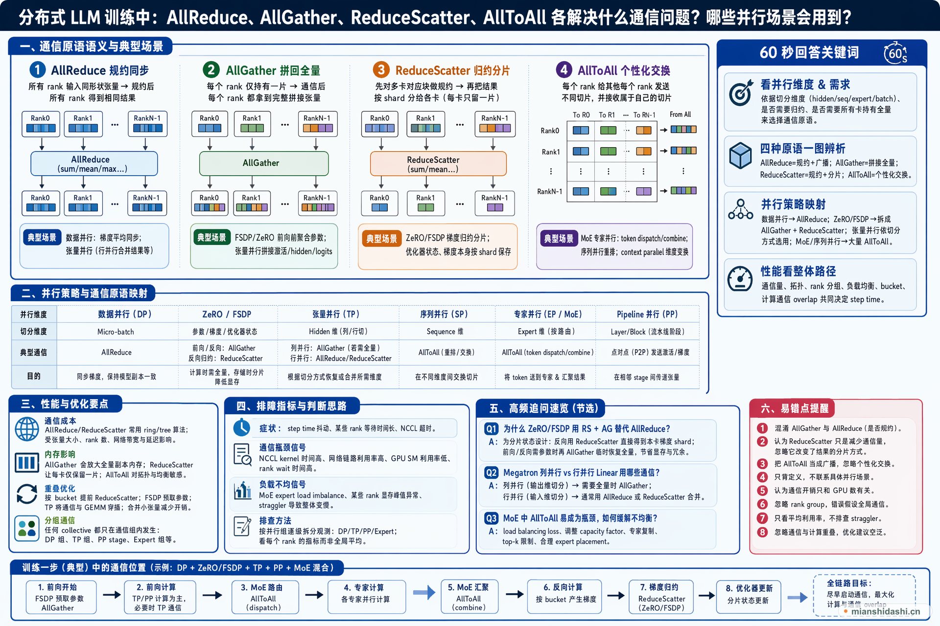 分布式 LLM 训练中 AllReduce、AllGather、ReduceScatter 和 AllToAll 分别解决什么通信问题，哪些并行场景会用到它们？的结构化图解