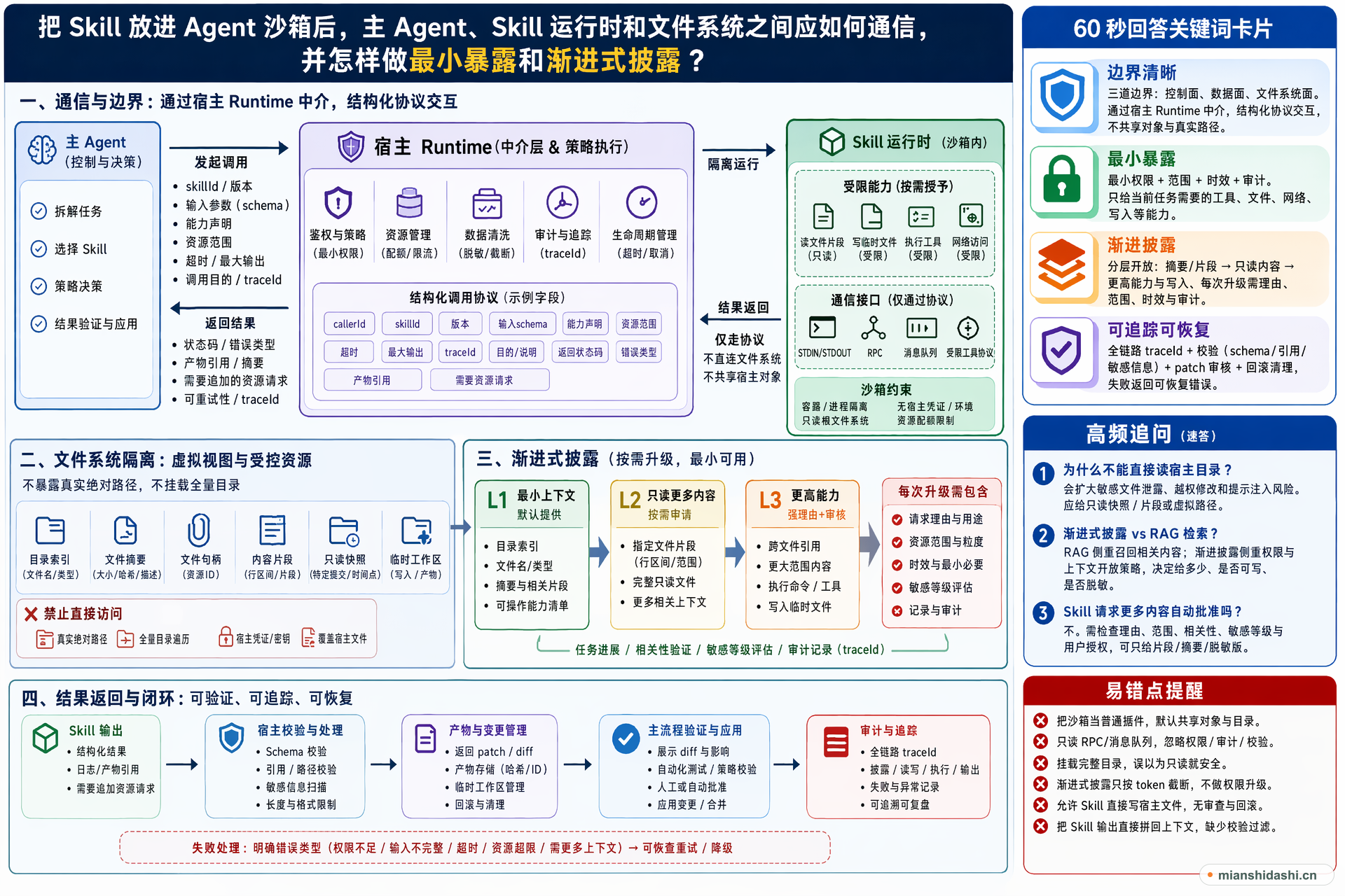 把 Skill 放进 Agent 沙箱后，主 Agent、Skill 运行时和文件系统之间应如何通信，并怎样做最小暴露和渐进式披露？的结构化图解
