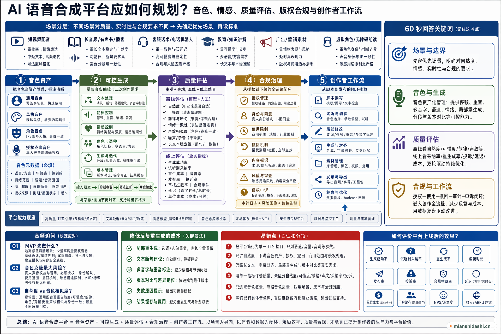 AI 语音合成平台应如何规划，产品经理如何设计音色、情感、质量评估、版权合规和创作者工作流？的结构化图解