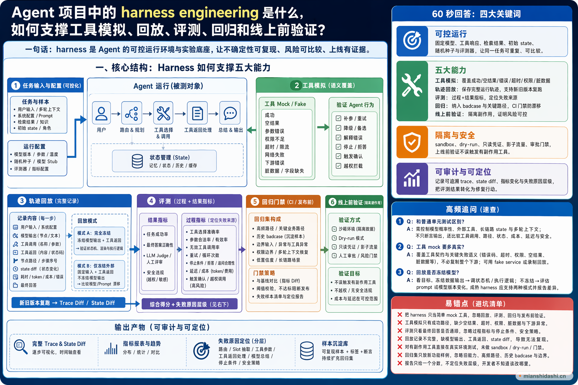 Agent 项目中的 harness engineering 是什么，如何支撑工具模拟、回放、评测、回归和线上前验证？的结构化图解