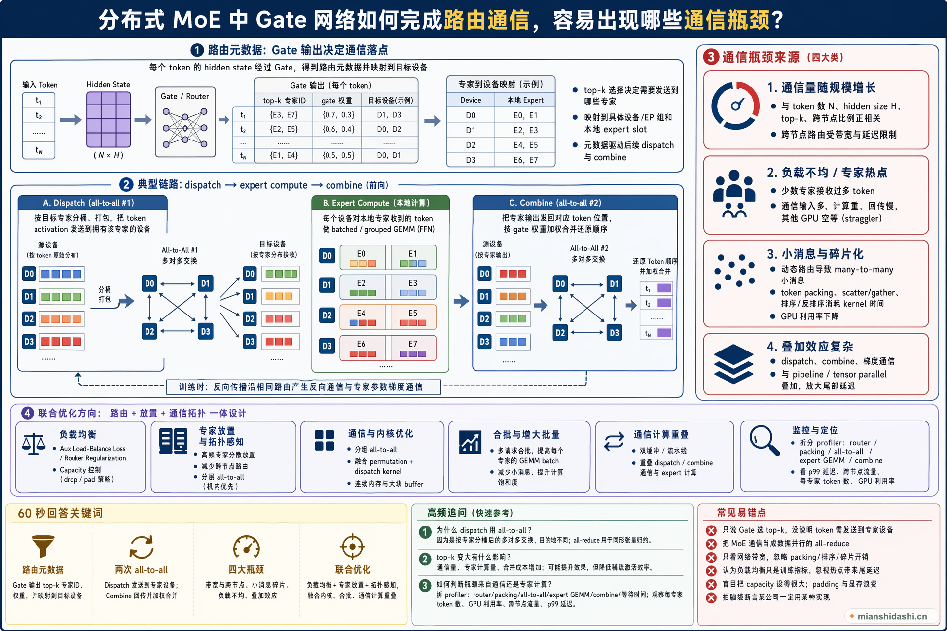 分布式 MoE 中 Gate 网络如何完成路由通信，容易出现哪些通信瓶颈？的结构化图解
