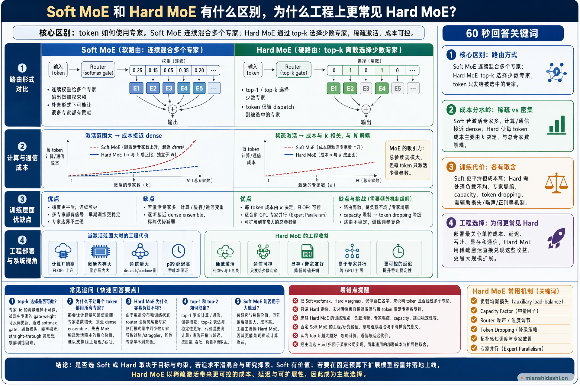 Soft MoE 和 Hard MoE 有什么区别，为什么工程上更常见 Hard MoE？的结构化图解