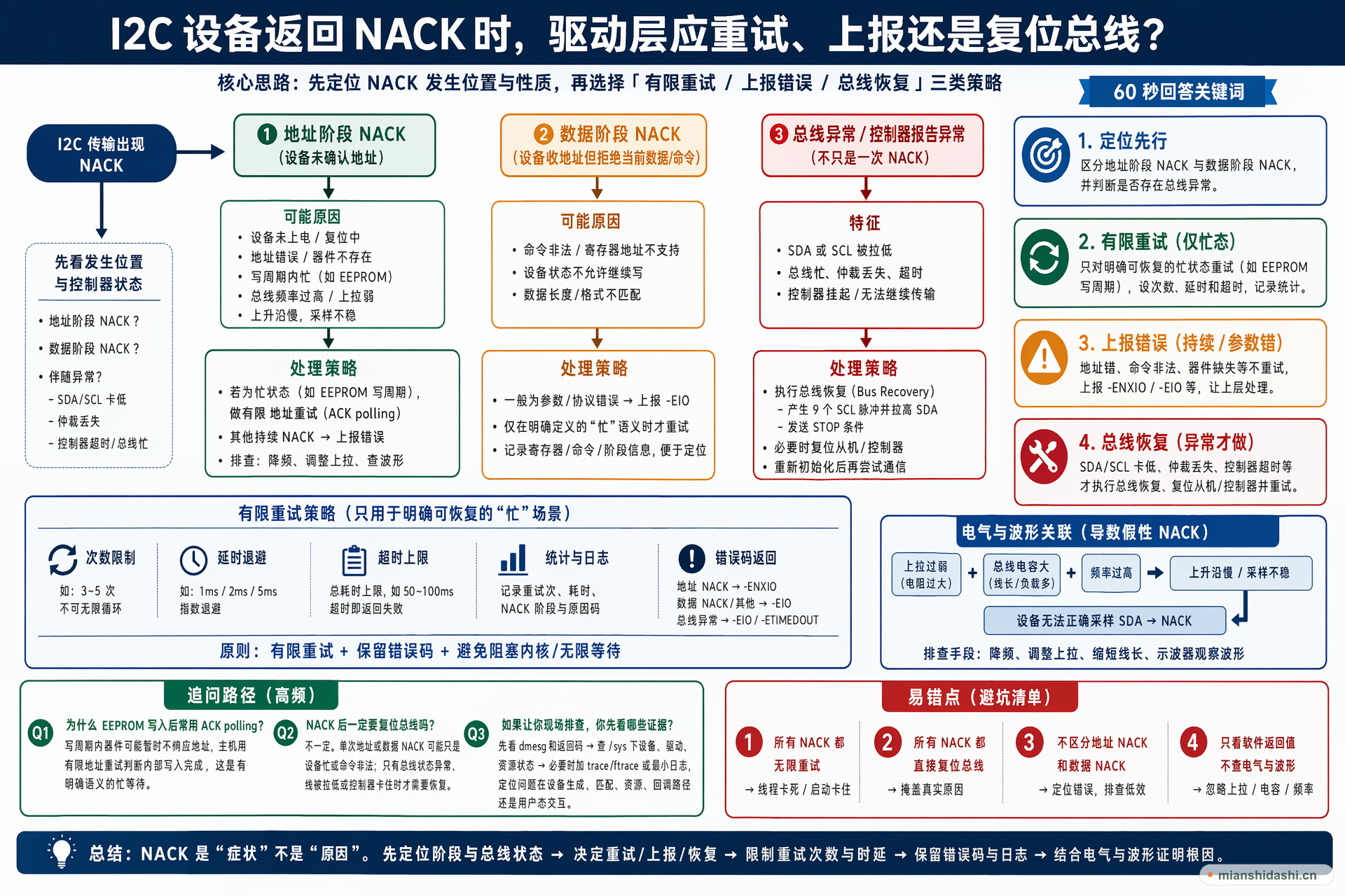 I2C 设备返回 NACK 时，驱动层应重试、上报还是复位总线？的结构化图解