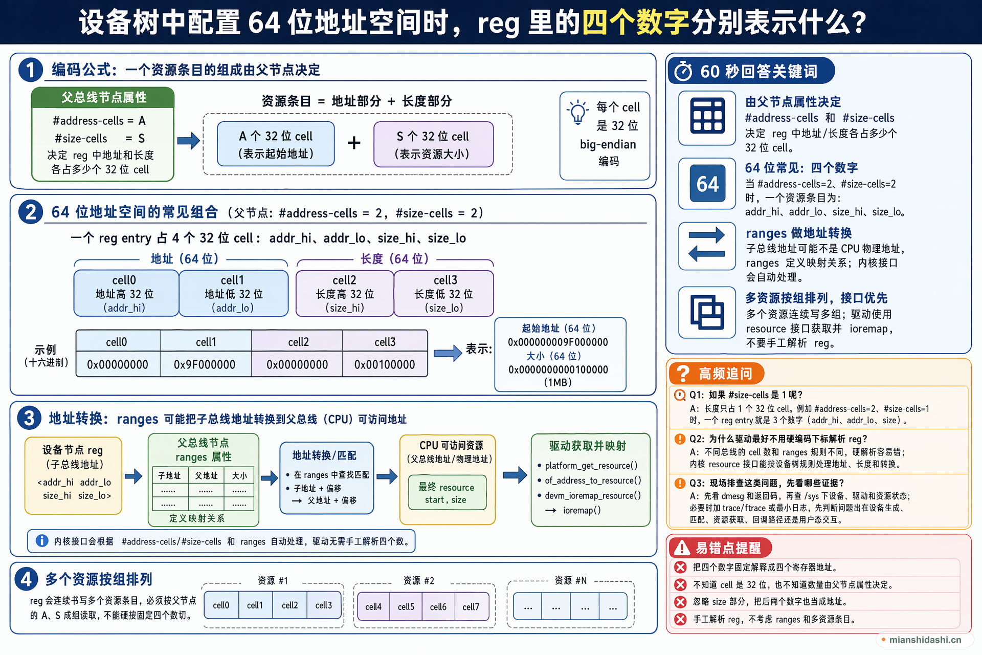 设备树中配置 64 位地址空间时，reg 里的四个数字分别表示什么？的结构化图解