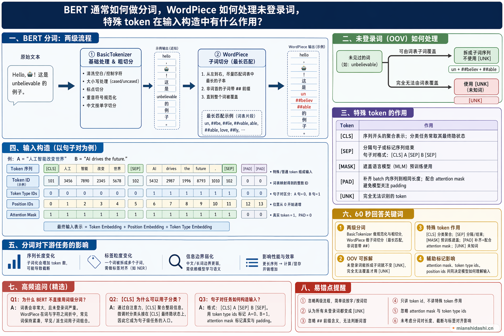 BERT 通常如何做分词，WordPiece 如何处理未登录词，特殊 token 在输入构造中有什么作用？的结构化图解