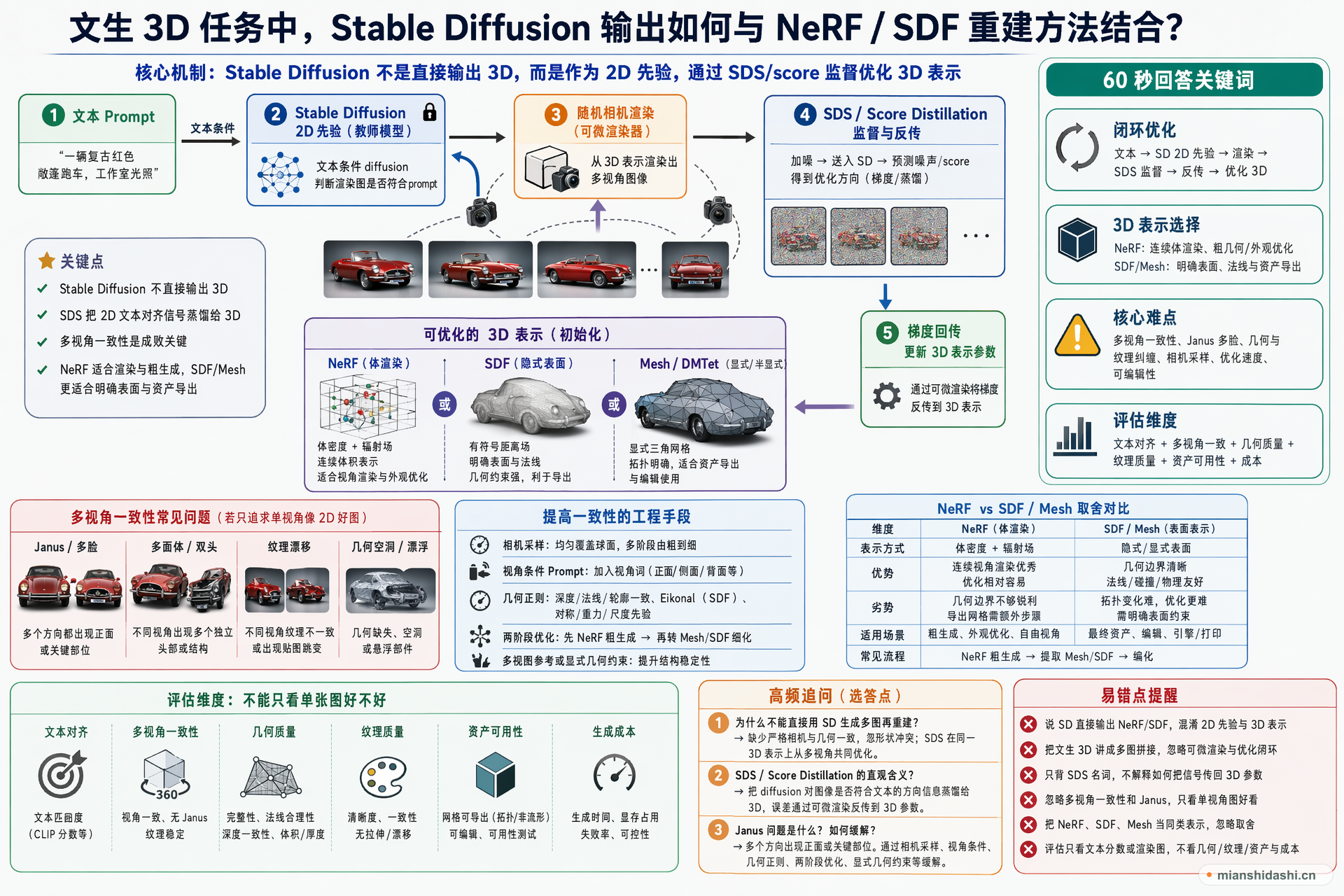 文生 3D 任务中，Stable Diffusion 输出如何与 NeRF / SDF 重建方法结合？的结构化图解